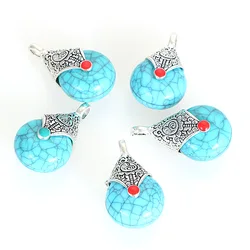 5Pcs 16x28MM Antique Silver Color Plated Imitation Turquoise Stone Enamel Slide Charms Pendant For Diy Necklace Jewelry Making