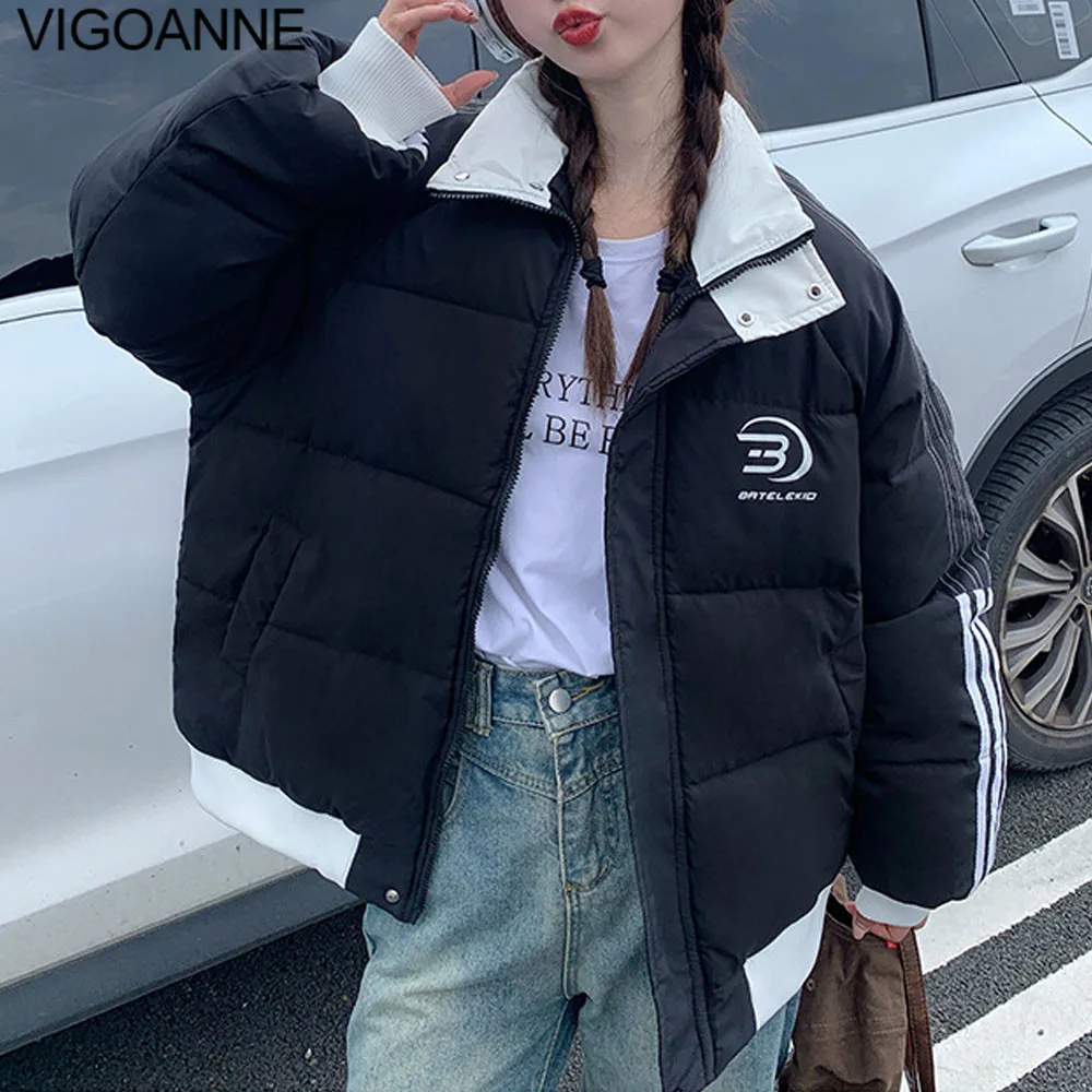 VigoAnne 2025 Winter Solid Stand-up Collar Female Coat Women Korean Pocket Short Jacket Lady Zipper Loose Thick Warm Outwear