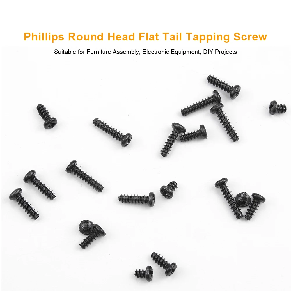 JUIDINTO 10-50pcs/bag Phillips Pan Head Flat Tail Self Taping Screws 304 Black Stainless Steel Cross Round Head Screws M1.2-M6