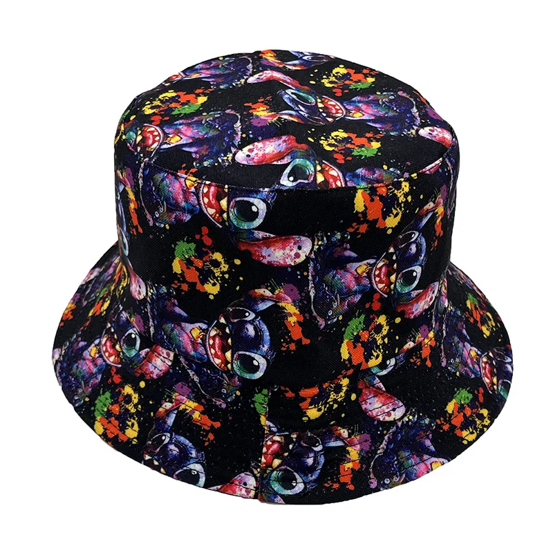 Anime Figure Disney Stitch Fisherman Hat Graffiti Black Cartoon Colorful Full Printing Adult Fashion Round Cap Sunscreen Sun Hat