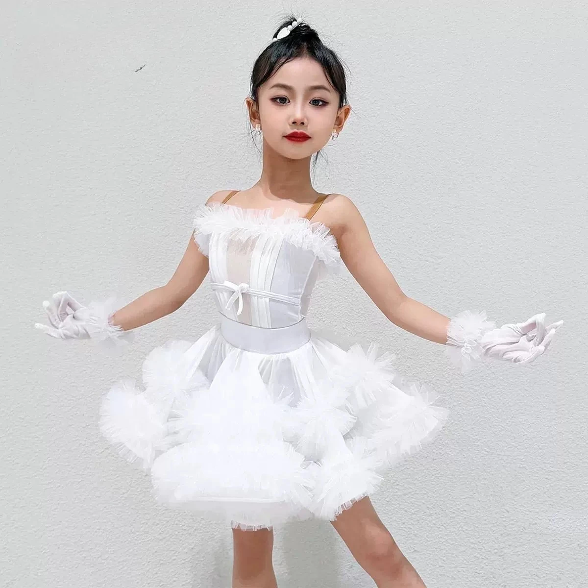 

Girls Latin Dance Dress Sleevesless Ruffle Tutu Skirt Children's Performance Costume Competition Rumba Tango Dance Dress