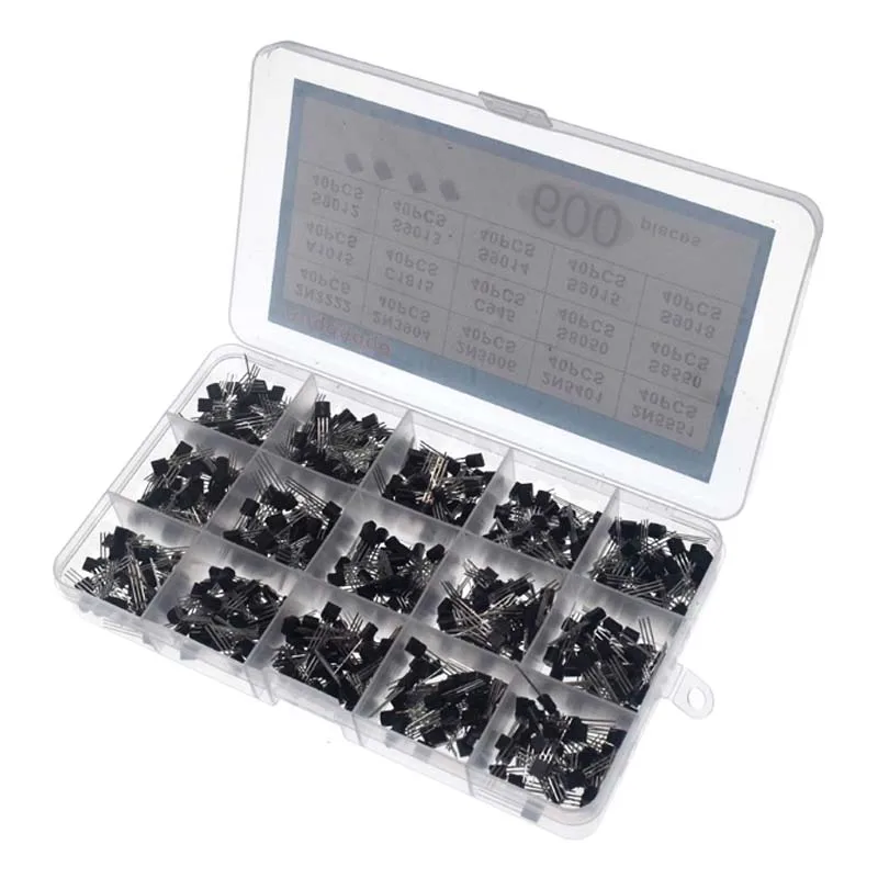 Kit d'assortiment de transistors TO-92, 30-160V, 50-1000mA, NPN PNP 2N2222 2N5551 S9014 C945 S9018 S8050, 600 pièces, 15 valeurs x 40 pièces