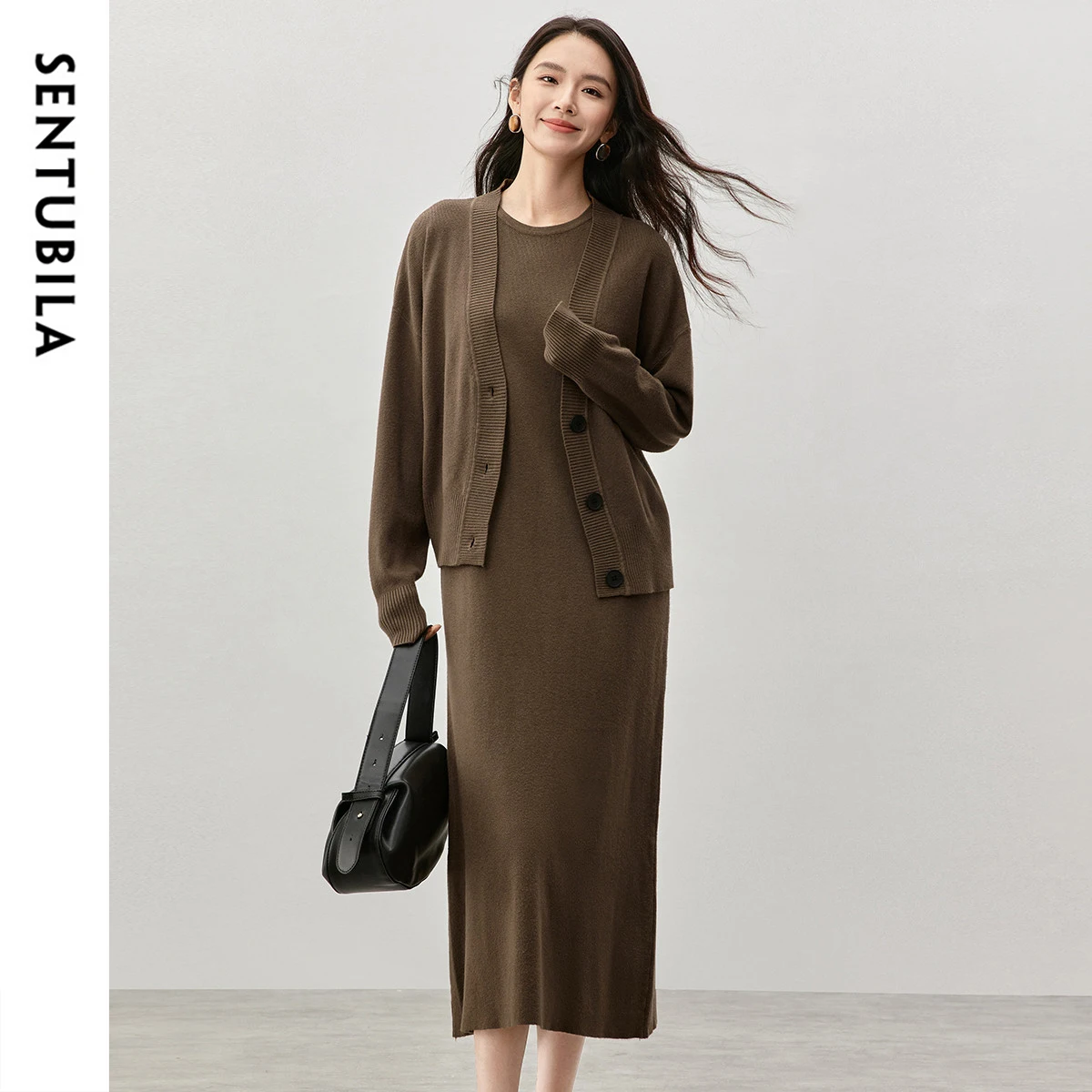 SENTUBILA Classic Women 2 Piece Set 2024 Winter Straight Knit Vest Dress V Neck Casual Loose Cardigan New Match Set W44Z57636