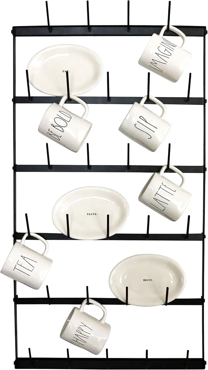

Настенная подставка для кофейных кружек - Большая кухонная подставка из черного кованого железа в деревенском стиле с 6 рядами - Вместимость для 27 кружек - Держатель для банок и тарелок