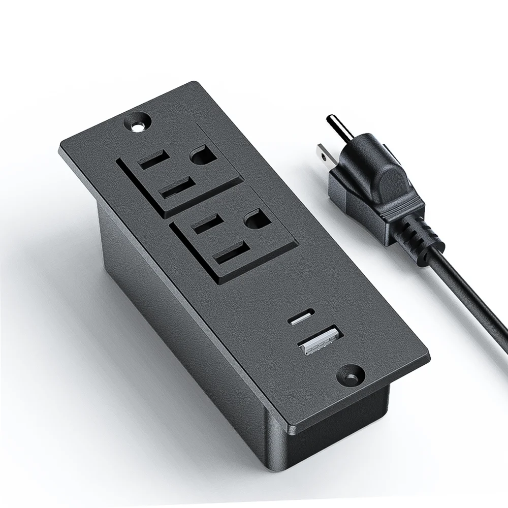 White Compact Recessed Power Strip with 1500W 12A 2 Outlets 2 USB Ports Hidden