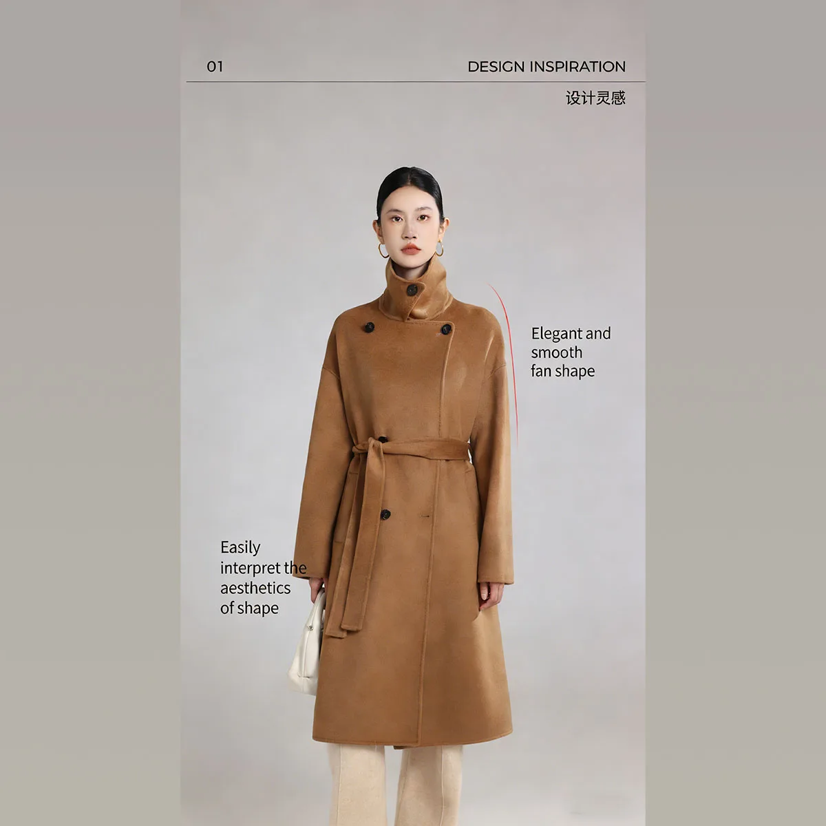 Cappotto da donna elegante in lana di cashmere double face con risvolto e lunghezza media