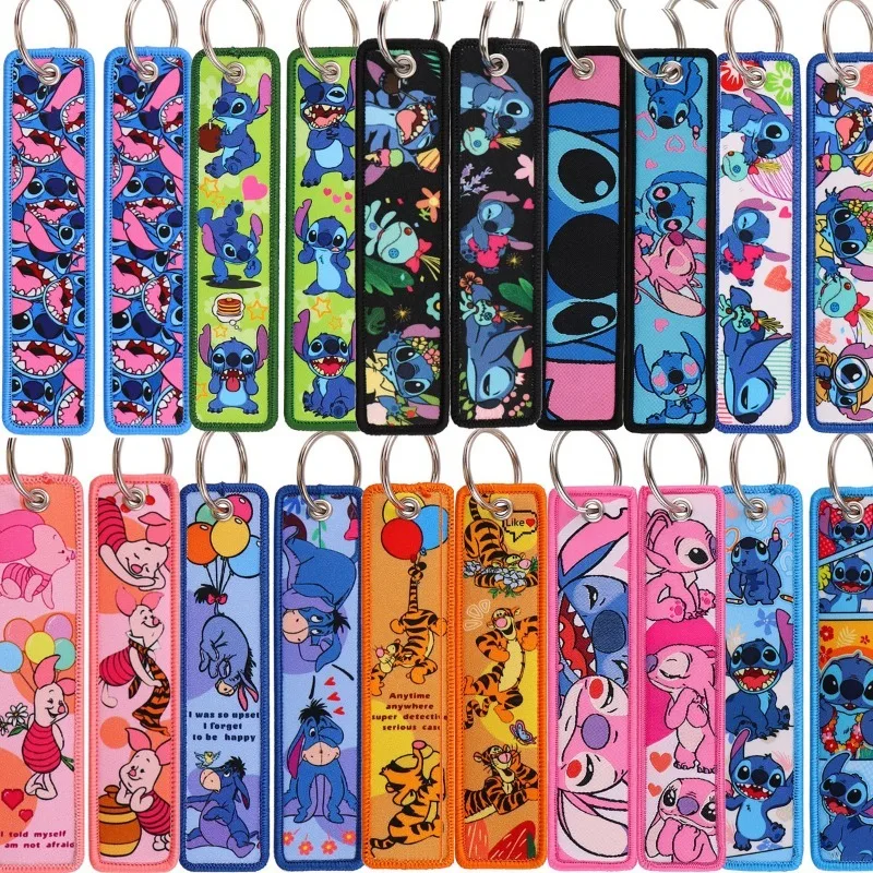 Disney Lilo & Stitch Cloth Woven Label Keychain Bag Keyring Accessories Decoration Children's Toys Pendant for Men Women Gifts