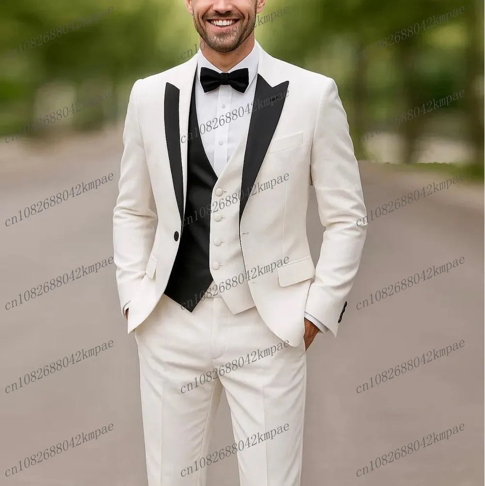 

Новый белый и черный деловой мужской костюм для жениха, жениха, свадебной вечеринки, выпускного вечера, деловые мужские смокинги, комплект из трех предметов, пиджак, жилет, брюки