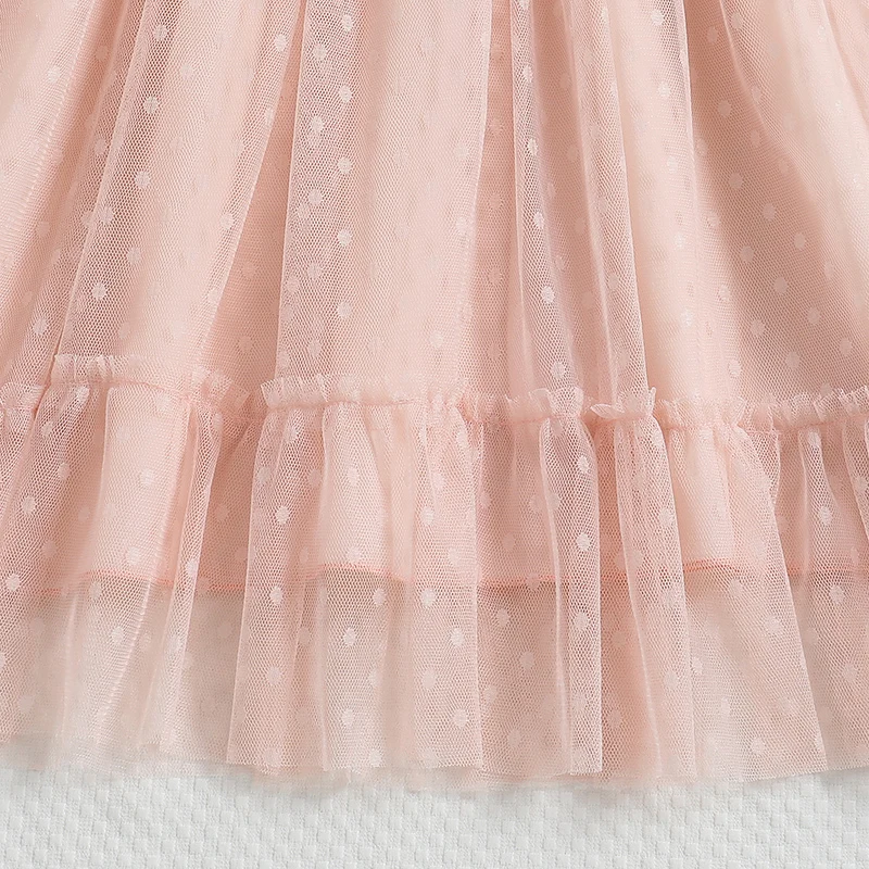 Kids Dress For Girls Pink Lace V-Neck Tulle Dress & Detachable Belt Sweet Princess Style  Birthday Party Children Daily Clothes