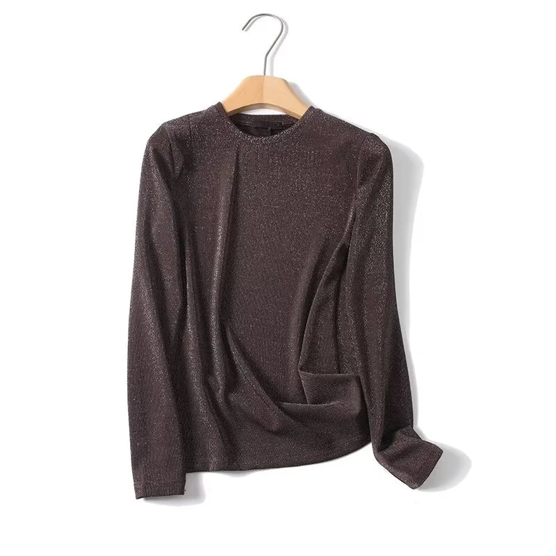Maxdutti Nordic Minimalist Round Neck Elegant Long Sleeve T-shirt Shine Slin Fit Tops Long Sleeve Pullover T-shirt Woman Clothes