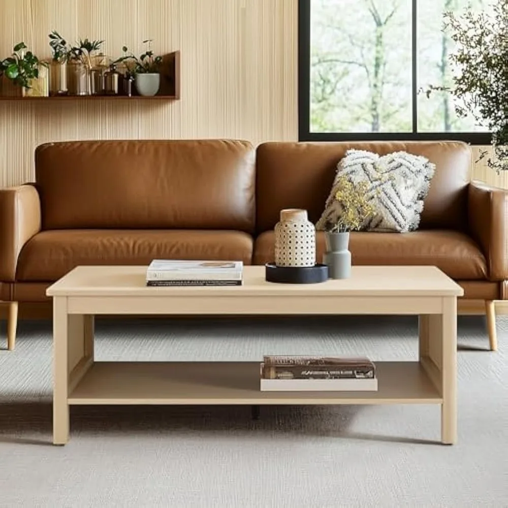 INK+IVY Coffee Table for Living Room Farmhouse Minimalist Design with Storage Shelf, Rattan Accent Sides, Modern Farmhouse Small