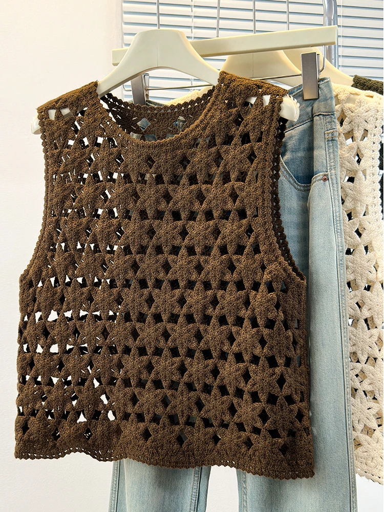 Authentic New Outerwear Knitted Mesh Vest Sleeveless Layering Tank Loose Shoulder Pad Polyester Fiber Short Length