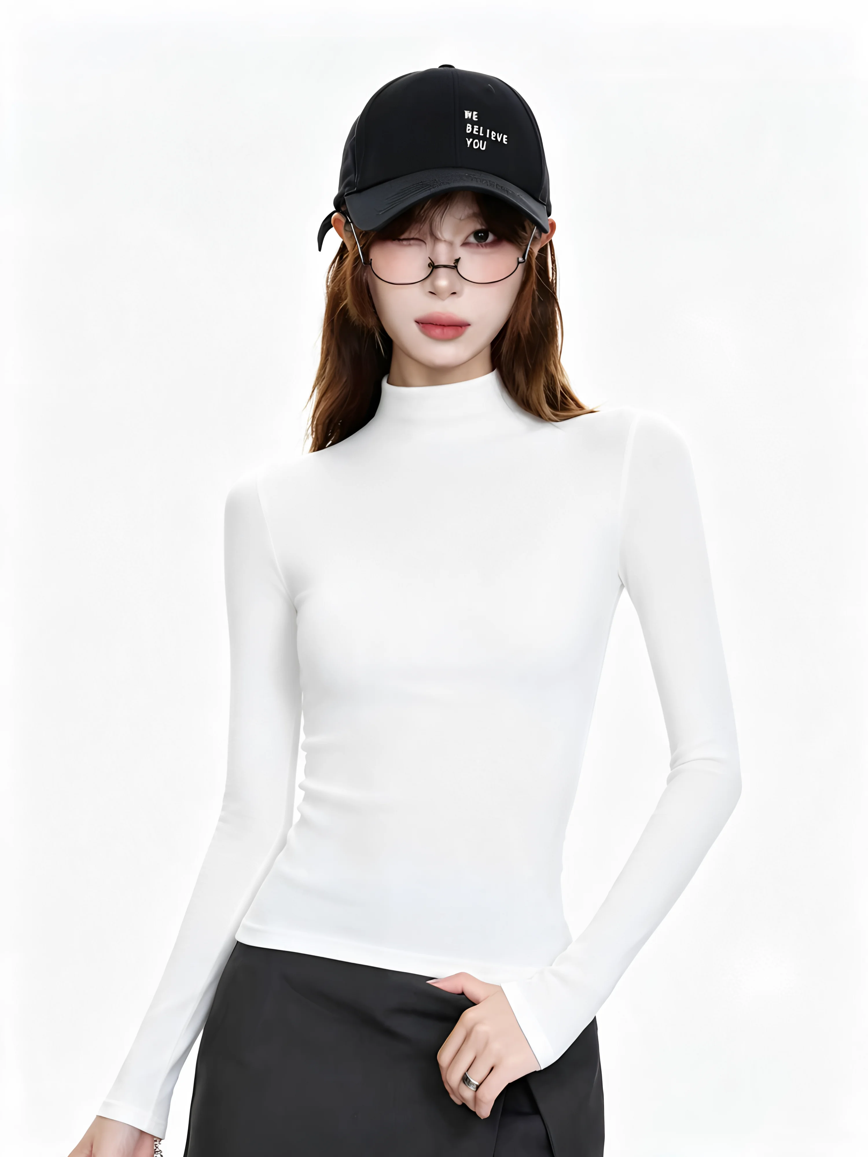 plus Size Women's Fleece Lined Slim Fit Long Sleeve Base Shirt Half High Collar T-Shirt for Office And Casual Wear