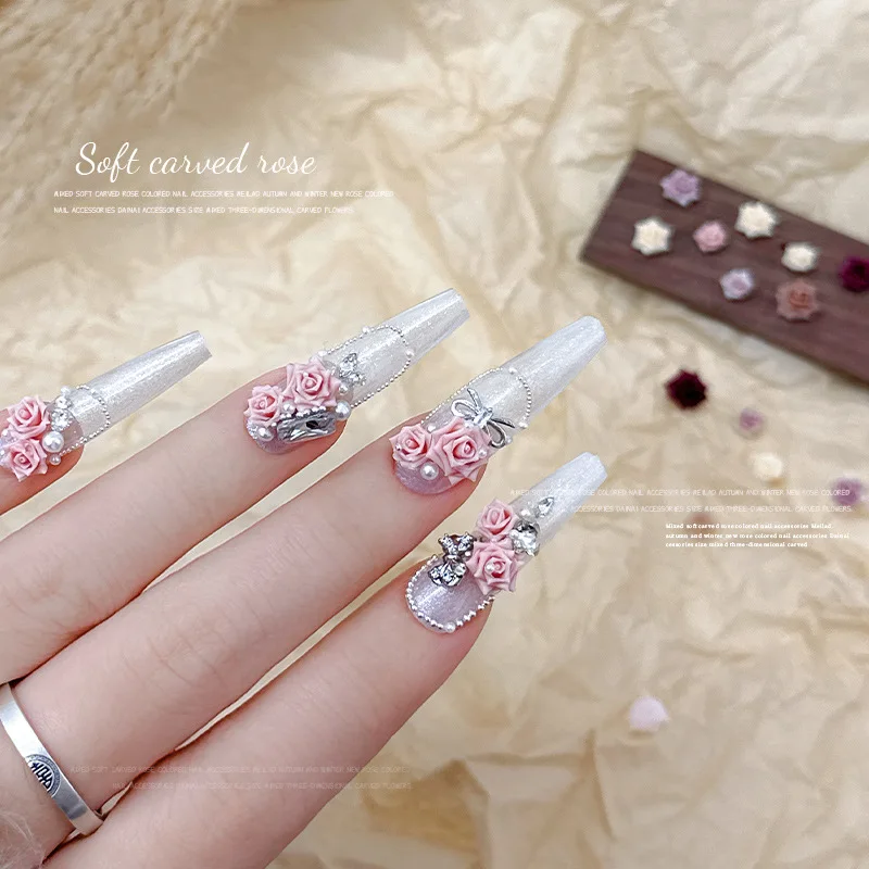 30PCS 3D Acrylic Soft Rose Flower Nail Art Charms Mixed Size Camellia Accessories For Nails Decoration Supplies Manicure Product