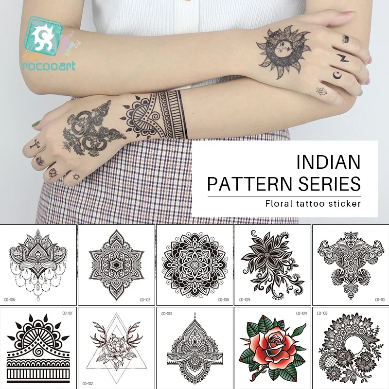 Women Sexy Arm Fake Black Tattoo Henna Mandala Flower Temporary Tattoo Girls Beauty Flora Waterproof Tatoos Indian Mehndi