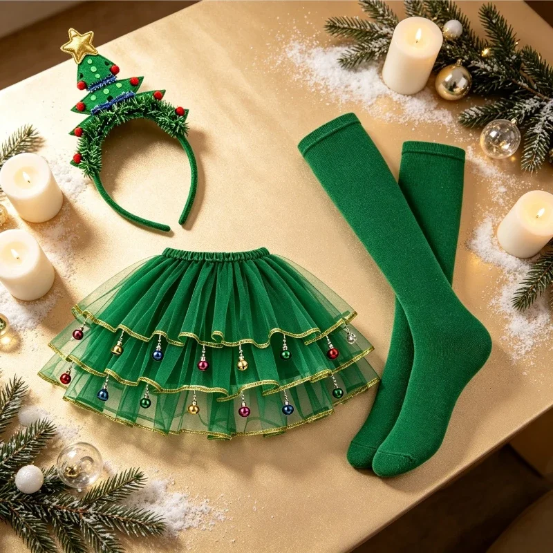 Holiday Christmas Tree Set Women's Christmas Skirt Picture Design Headband Socks Holiday Party Costume Set