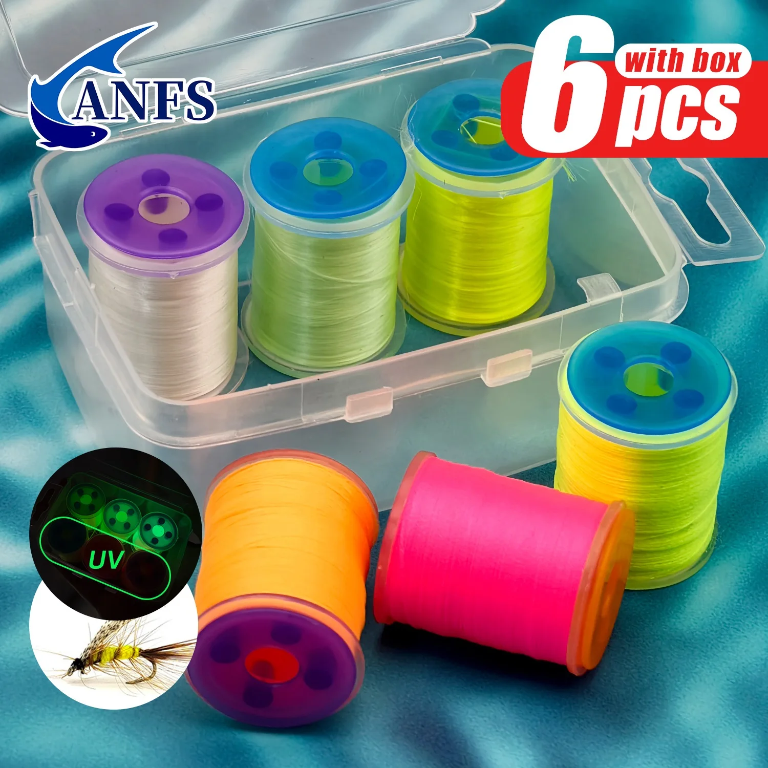 ANFS 6 قطع من خيوط ربط الذبابة بتصميم متنوع، مادة ألياف ربط الذبابة، 3 قطع ليلاً مع 3 قطع تتوهج تحت الأشعة فوق البنفسجية، أفضل هدية للصياد #1