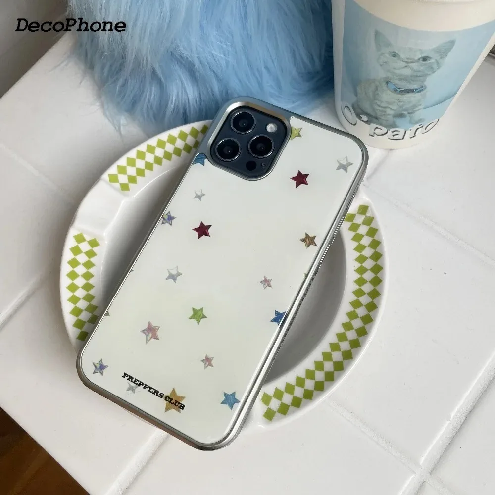 Ins-Style Farbige Sterne Silber-Schwarz-Rand Epoxy Handyhülle TPU Anti-Sturz für iPhone XR/11/12/13/14/15/16/17 Pro Max