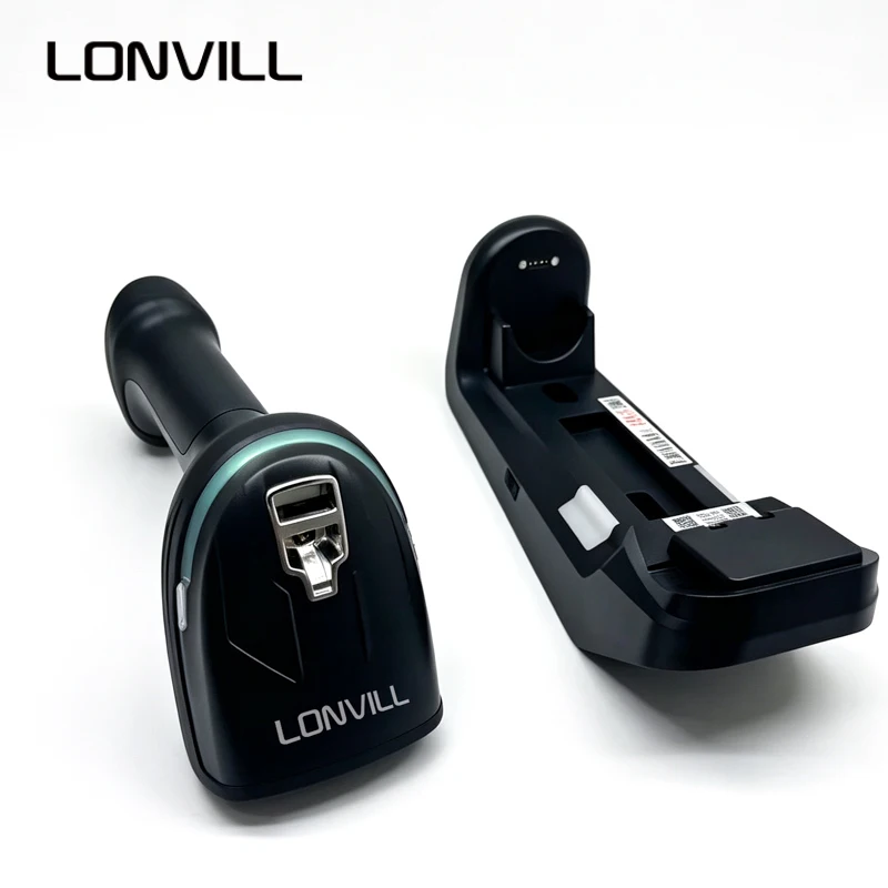 LONVILL 2D DPM Code Scanning Gun 100m Long Range Industrial Wireless Wall Mount Barcode Scanner with Charging Cradle