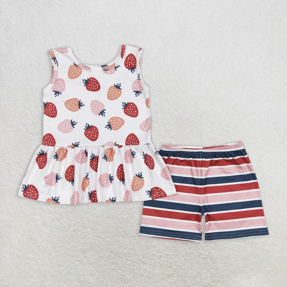 Completo estivo per neonata Top tunica fragola con pantaloncini a righe peplo Set senza maniche Set di abbigliamento per bambini