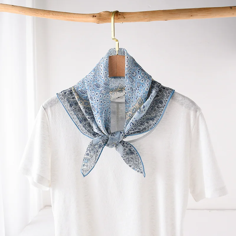 

100% Nature Silk Neck Scarves Woman Accesories Bohemian Blue Paisley Print Silk Square Scarf Elegant Womens Shawl