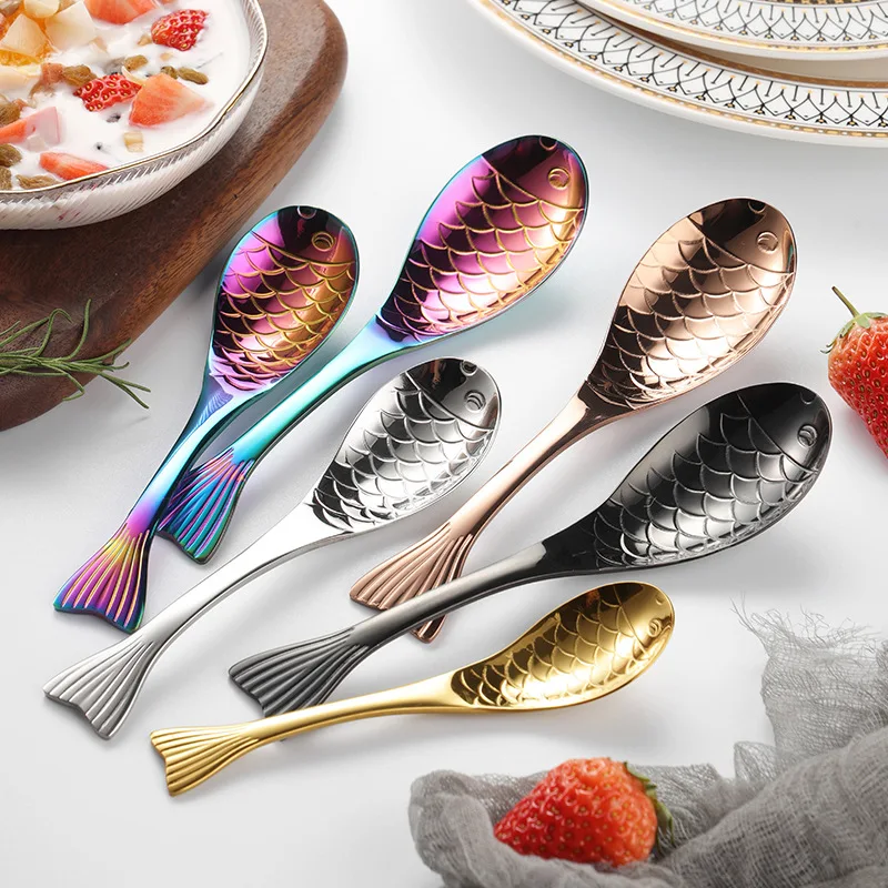 Oukeai 2Pcs Stainless Steel Spoon Creative Fish-Shaped Spoon Golden Plus Eating Spoon Dessert Spoon Drinking Spoon