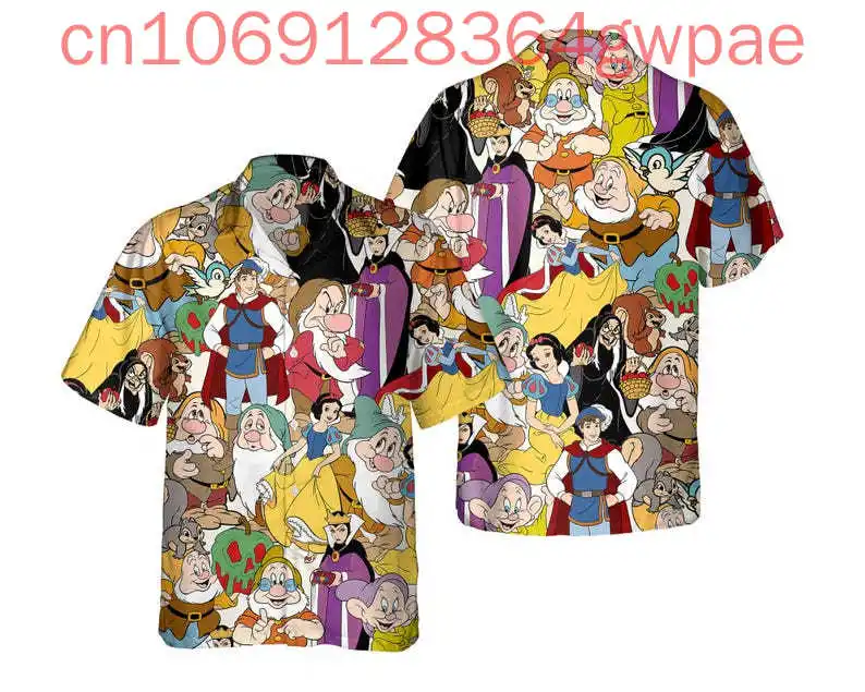 

Snow White and Grumpy Dwarf 3D Hawaiian Shirts Men's Women's Summer Casual Short Sleeve Beach Shirts Disney Fashion Button Shirt