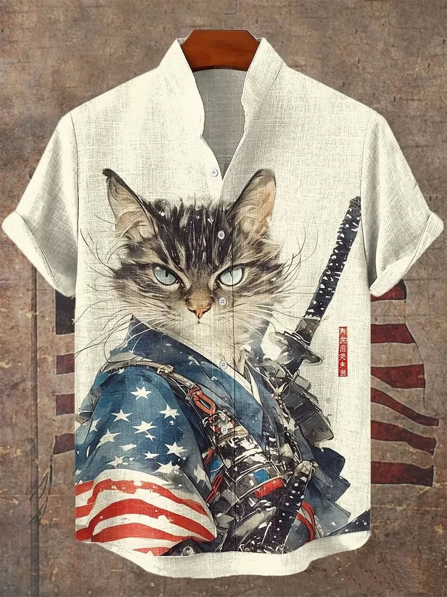Men's Retro Calligraphy Cat Dinosaur Volcanic Eruption Print Short Sleeve Shirt Japanese Style Holiday Outerwear Vintage Blouse
