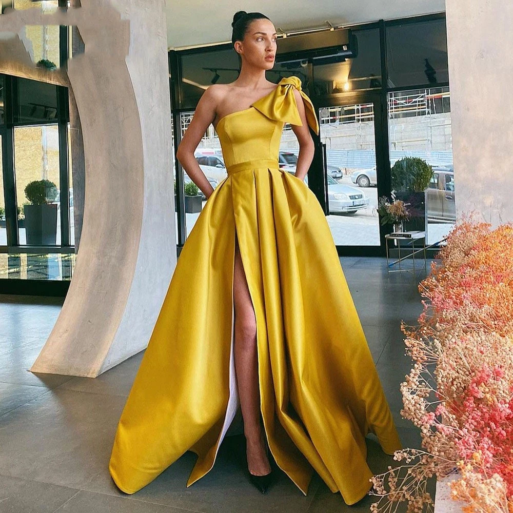 Angelsbridep – robe De Soirée en Satin jaune, asymétrique, épaule dénudée, Simple, ligne A, fente latérale, robe De bal, avec nœud