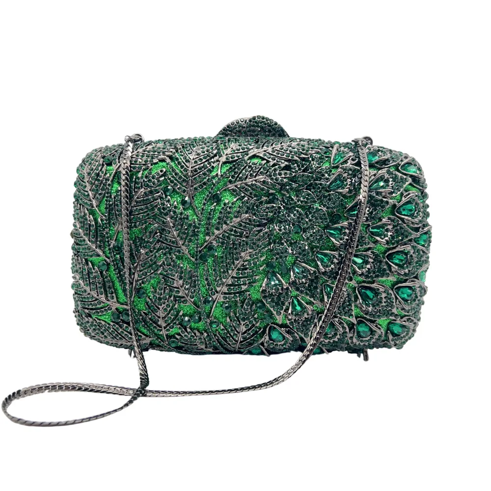 

White Clear Rhinestone Evening Bag WHTUOHENG Flower Leaves Crystal Clutch Purse Diamond Clutches Women Peacock Tail Party