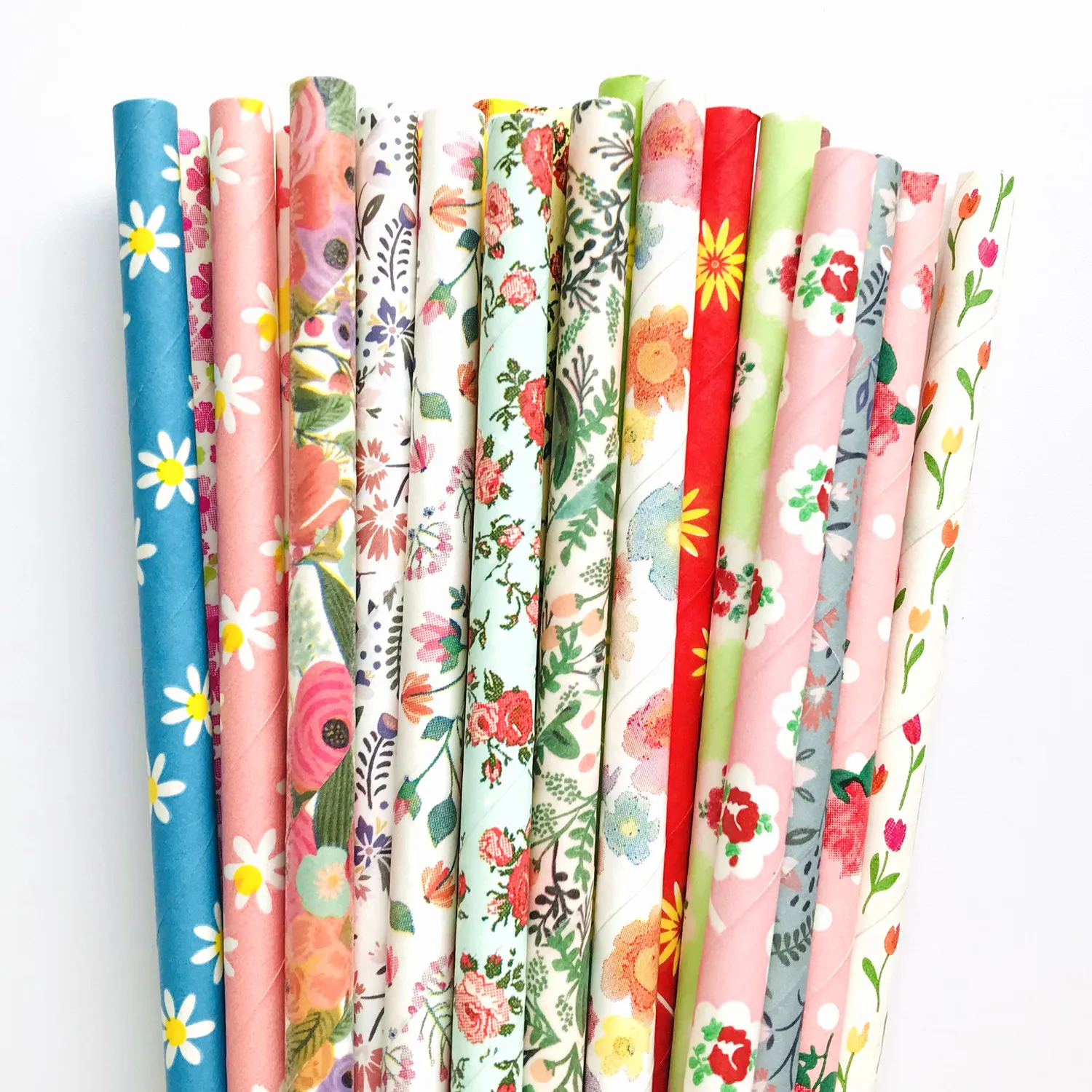 Floral Paper Straws 25 Pcs,Assorted Multi Colorful Flower Print Daisy Rose Garden Tea Party Wedding Spring Craft Cake Pop Sticks