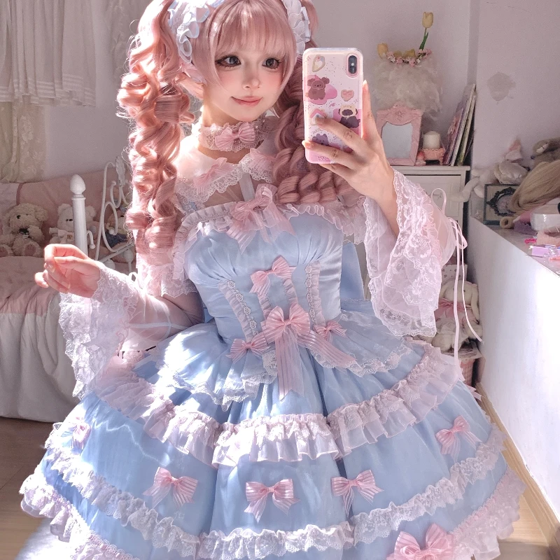 التصميم الأصلي أنيقة الحلو الأميرة الفتاة JSK فستان بكتافة مقوس دانتيل سليم عالية الخصر القوس زائدة Jsk فساتين قصيرة للنساء