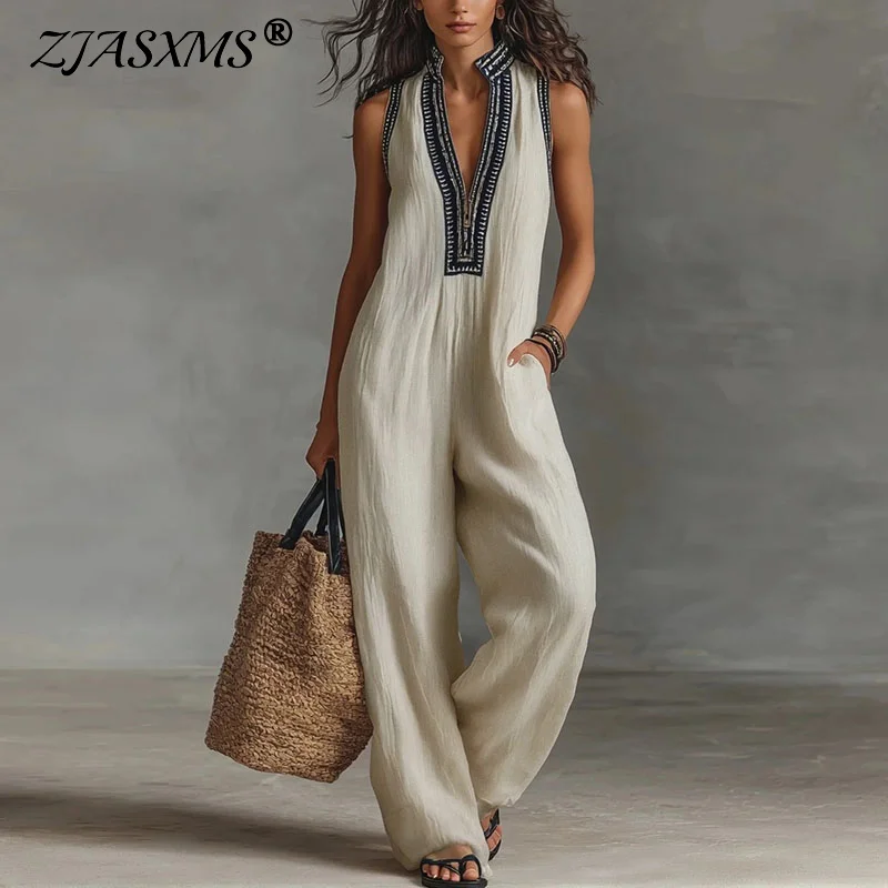 

Ethnic Retro Print Deep V Neck Hollow Jumpsuit 2026 Spring Casual High Waist Pocket Rompers Summer Sleeveless Slim Boho Overalls