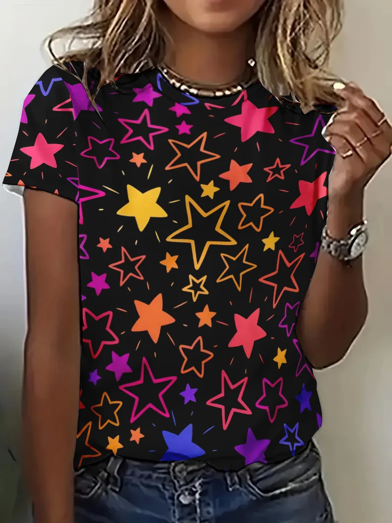 Fashion Five Pointed Star Pattern Print Women T shirts New Summer Short Sleeve T shirts Casual Loose 3D Print Ladies T shirts