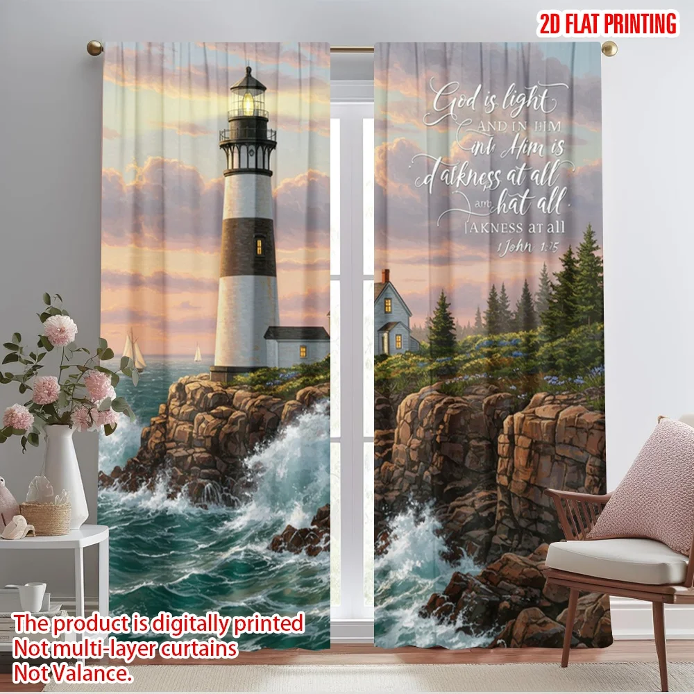 

2pcs 2D flat printing Window Treatment Curtains Faith Lighthouse Ocean Waves Fabric Without Electricity 0 Perfect for Outdoor