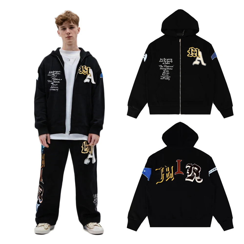 

New Y2k Streetwear Clothing Zipper Hoodies with Embroidery Casual Hip Hop Street Style Heavy Cotton Men's Sweatshirt with A Hood