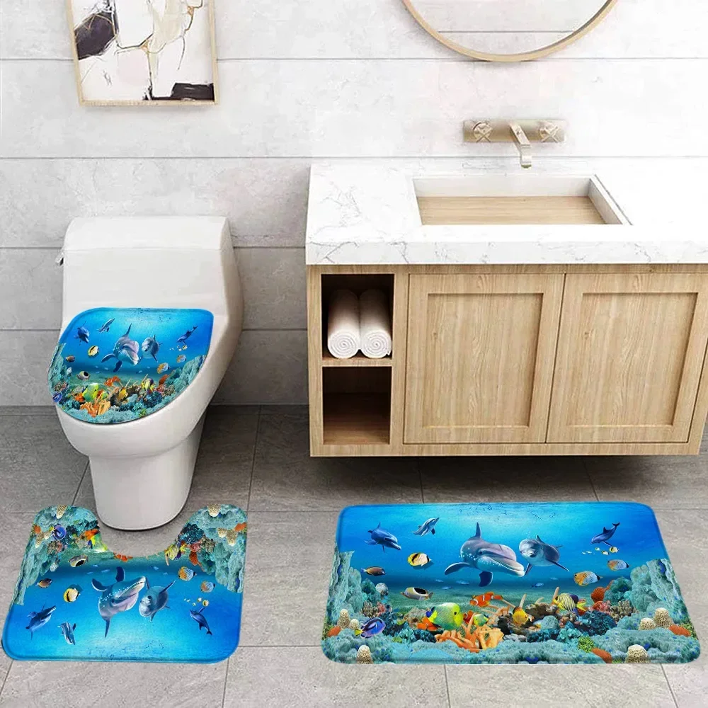3D Printed Sea Animal Bath Mat Set Sea World Dolphin Pattern Bathtub Decoration Seawater Landscape Bathroom Decoration