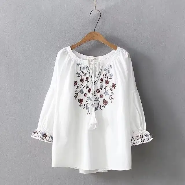 Women's Doll Sleeves Fresh Embroidered Lace Literary Lantern Sleeves Pure Cotton Loose Fluffy Doll Shirt