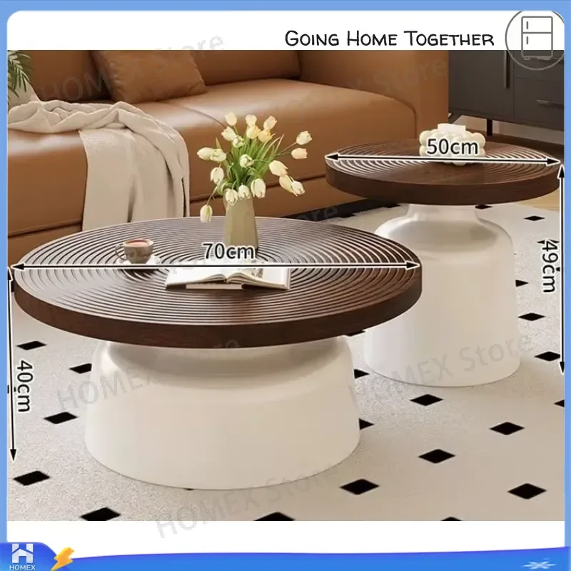 Modern Nested Round Coffee Table Set Walnut Corrugated Top White Base Living Room Center Tables Home Decor Furniture