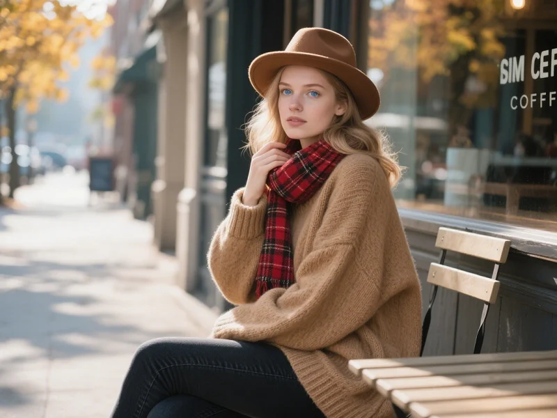 Donna con cappello fedora e sciarpa seduta fuori da un bar