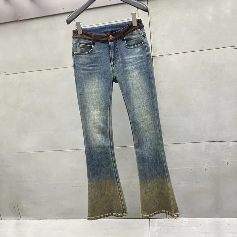 Damskie jeansy patchworkowe, spodnie dzwony barwione metodą fade-dye, wysokiej jakości pogrubione spodnie slim-fit, 2025, zima, nowość, Y2K