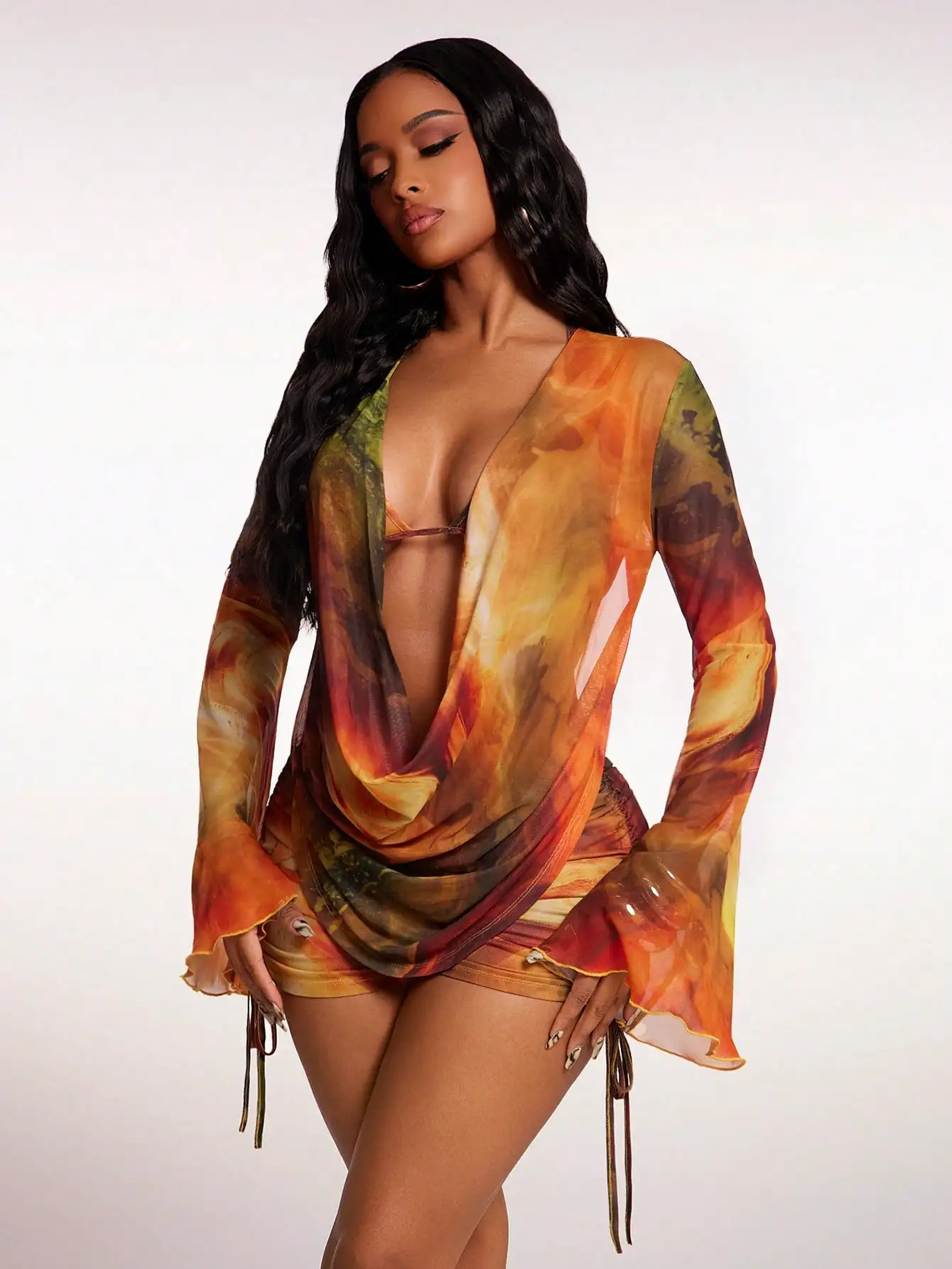 여성용 섹시 타이다이 3피스 세트: 긴팔 드레이프 커버업 + 브라탑 + 드로스트링 반바지 (해변 및 휴가용)