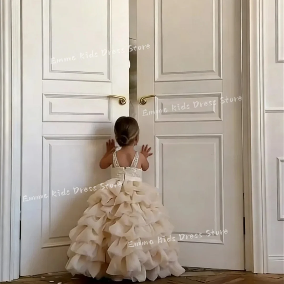 Customized Luxury Layered Flower Girl Wedding Dress Sequined Ruched Ruffle Sleeveless Baby Girl Princess Birthday Party Dress - view 3