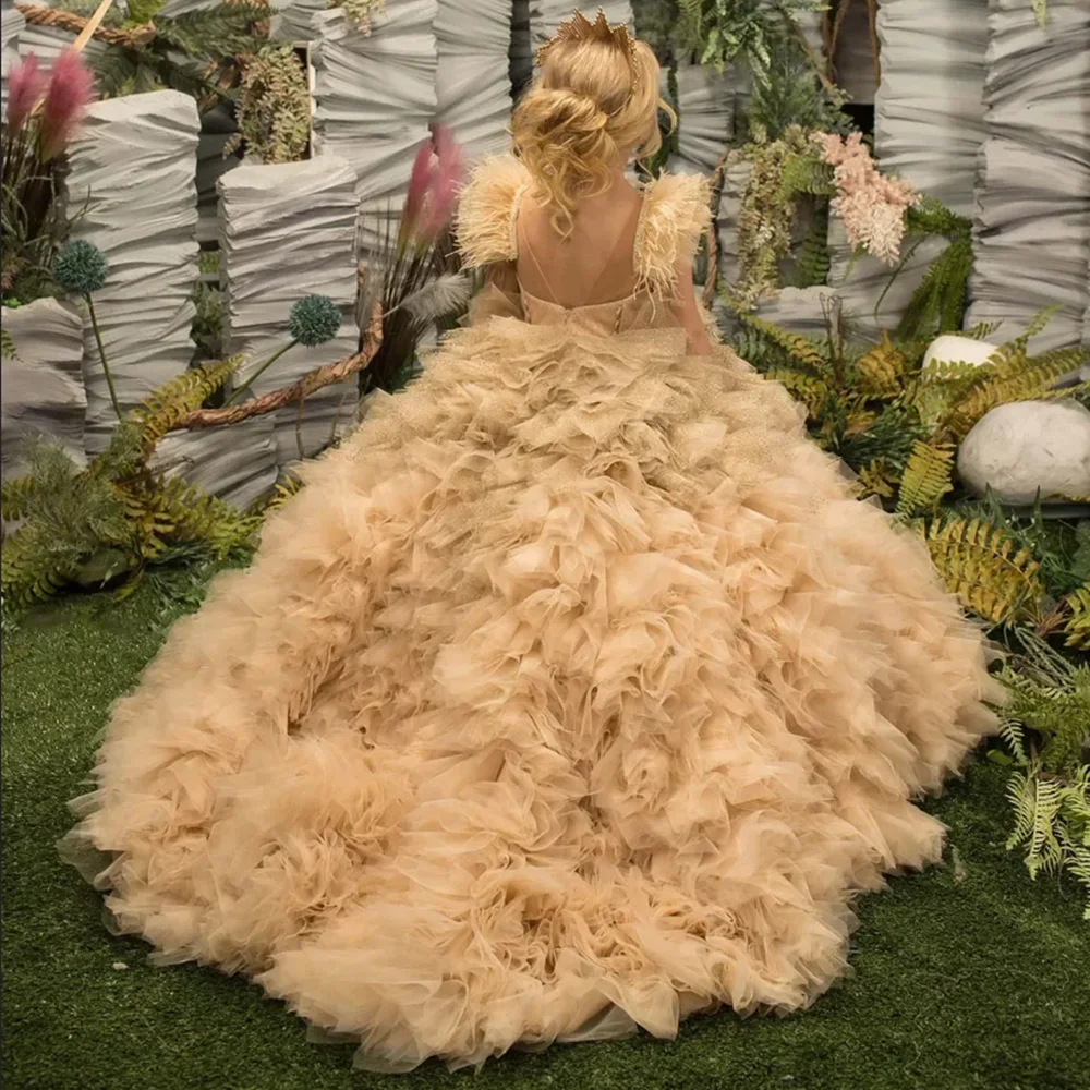 Puffy Flower Girl Dress for Wedding Tulle Appliques Tiered Floor Length Baby Kids Birthday Party First Communion Party Gown