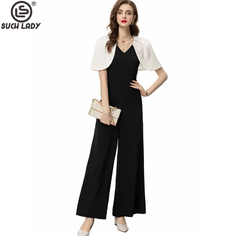 

Women's Runway Jumpsuits& Rompers V Neck Short Cape Sleeves Color Block Wide Leg Elegant Fashion Pants