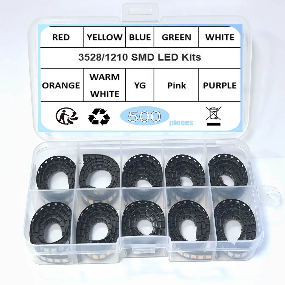 500Pcs 3528 1210 SMD LED 10Colors x 50Pcs Red/Green/Blue/Yellow/White/WARM WHITE/UV/RGB ICE BLUE Cold LED Diode Kit