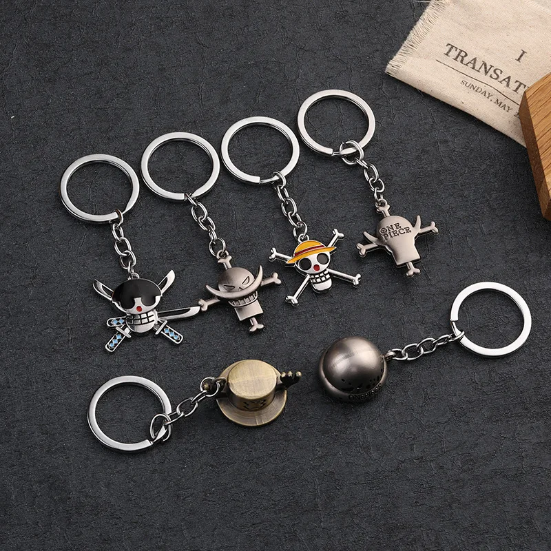 The One Piece Luffy Metal Key Chain Anime Figure Straw Hat Skull Logo Key Ring Wanted Solon Metal Personalized Pendant Gifts