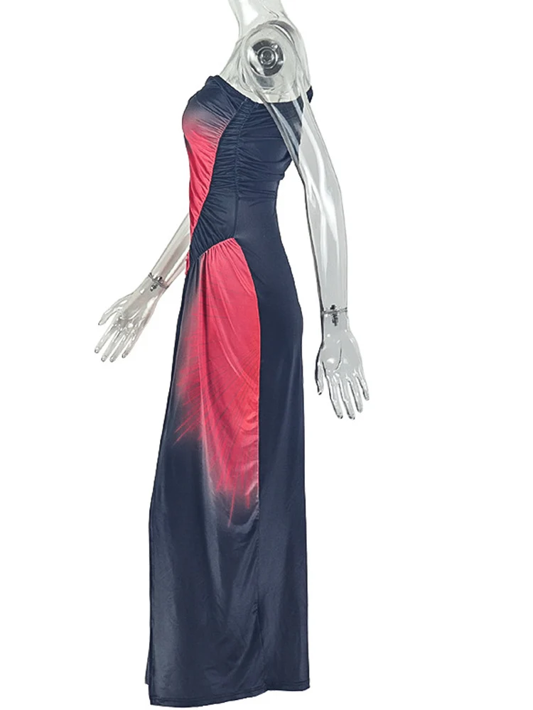 فستان Beyprern مثير مطبوع بربطة عنق ومكشكش متوسط الطول للنساء متدرج بكتف واحد وفتحة عالية ملابس نادي ضيقة