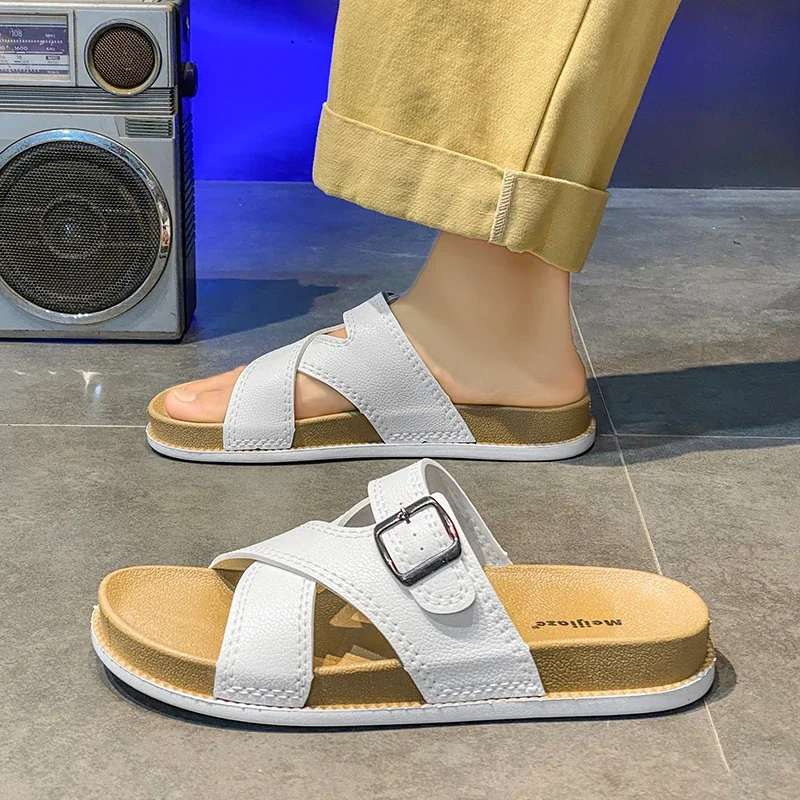 

Trendy White Slippers For Men Buckle Designer Slippers Outdoor Beach Shoes Casual Slides Man Comfortable Platform Men's Sandals