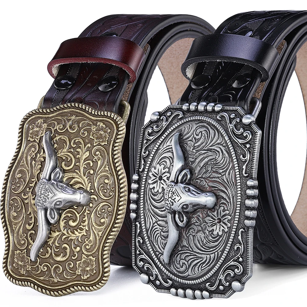 Western Belt Men Genuine Leather Belts for Men Cowboy Cowgirl Big Letters Buckle Gold Male Belts Long Black Brown Quality